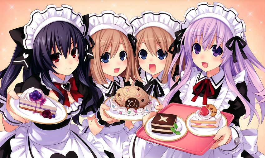 apron black_hair blue_eyes blush brown brown_hair compile_heart dress food group headdress hyperdimension_neptunia hyperdimension_neptunia_mk2 long_hair maid nepgear purple_eyes purple_hair ram red_eyes ribbons rom scan short_hair tsunako twins twintails uni_(choujigen_game_neptune)