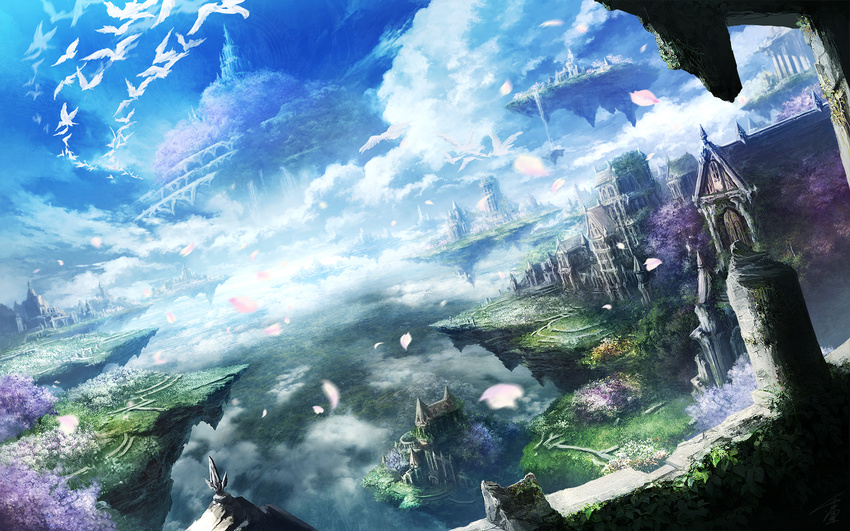 bird blue_sky building castle chitose_rin cloud commentary day dutch_angle floating_island flower grass highres motion_blur no_humans original petals plant scenery shade sky vines wallpaper water waterfall wind