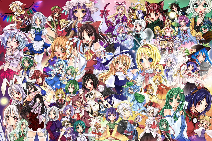 aki_minoriko aki_shizuha alice_margatroid bad_id bad_pixiv_id blonde_hair chen cirno daiyousei everyone ex-keine flandre_scarlet fujiwara_no_mokou hakurei_reimu haou hieda_no_akyuu hinanawi_tenshi hong_meiling horn hoshiguma_yuugi houraisan_kaguya ibuki_suika inaba_tewi inubashiri_momiji izayoi_sakuya kaenbyou_rin kagiyama_hina kamishirasawa_keine kawashiro_nitori kazami_yuuka kirisame_marisa kisume koakuma kochiya_sanae komeiji_koishi komeiji_satori konpaku_youmu konpaku_youmu_(ghost) kurodani_yamame letty_whiterock lily_white luna_child lunasa_prismriver lyrica_prismriver maribel_hearn medicine_melancholy merlin_prismriver mizuhashi_parsee morichika_rinnosuke moriya_suwako multiple_girls mystia_lorelei nagae_iku onozuka_komachi patchouli_knowledge reisen reisen_udongein_inaba reiuji_utsuho remilia_scarlet rumia saigyouji_yuyuko shameimaru_aya shanghai_doll shiki_eiki star_sapphire sunny_milk tokiko_(touhou) touhou usami_renko watatsuki_no_toyohime watatsuki_no_yorihime wriggle_nightbug yagokoro_eirin yakumo_ran yakumo_yukari yasaka_kanako