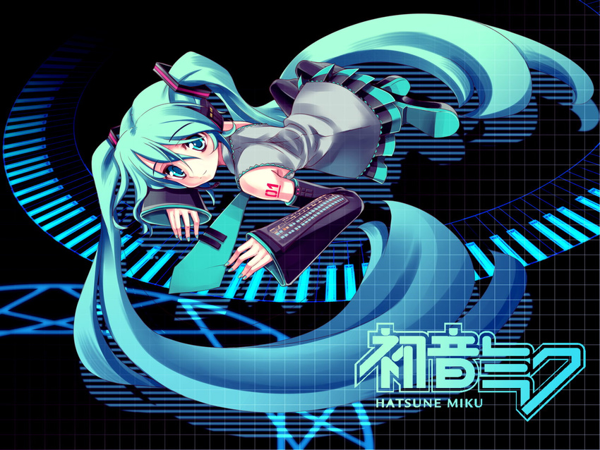 aqua_hair detached_sleeves hatsune_miku highres long_hair lying nanamiso necktie solo thighhighs twintails very_long_hair vocaloid wallpaper