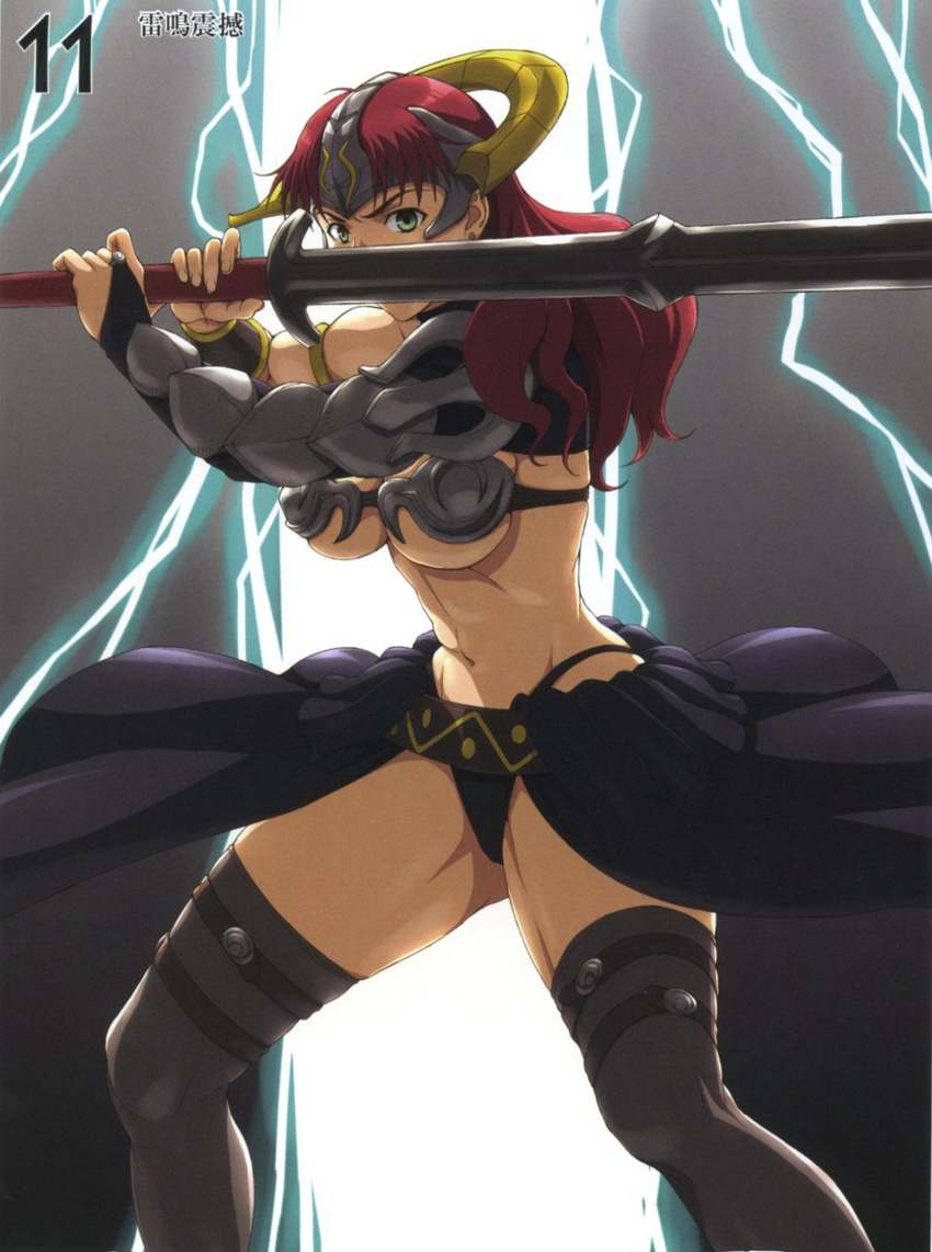 armor breasts claudette_(queen's_blade) green_eyes helmet highres large_breasts lightning nigou queen's_blade red_hair revealing_clothes solo sword thighhighs weapon