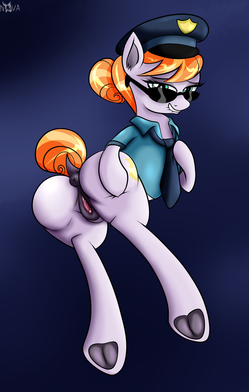 anus bottomless butt clothed clothing cutie_mark earth_pony equine eyewear fan_character female green_eyes hair hat horse looking_back mammal my_little_pony novaspark orange_hair police_uniform pony presenting pussy raised_tail solo spread_pussy spreading sunglasses uniform