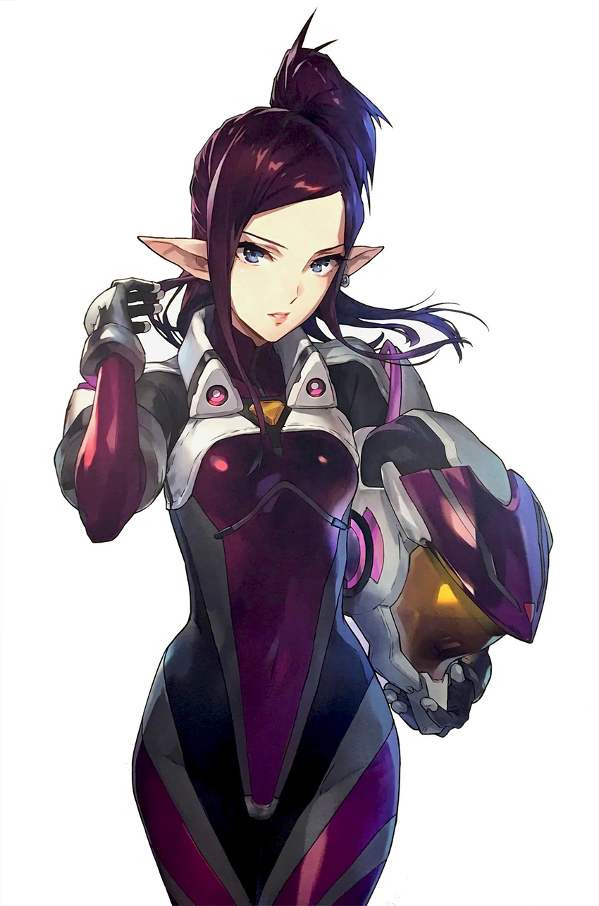 absurdres blue_eyes bodysuit bracer breasts covered_navel gloves hair_flip helmet highres holding holding_helmet lips macross macross_delta mirage_farina_jenius mita_chisato non-web_source official_art open_mouth pilot_suit pointy_ears ponytail purple_bodysuit simple_background skin_tight small_breasts solo standing white_background