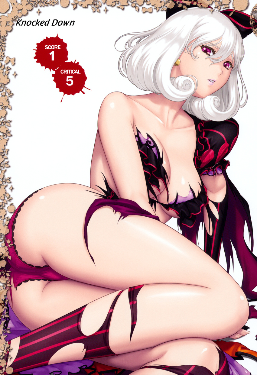 1girl ass bra breasts large_breasts official_art panties queen's_blade queen's_blade sad sitting snow_white_(queen's_blade) snow_white_(queen's_blade) solo torn_clothes white_hair