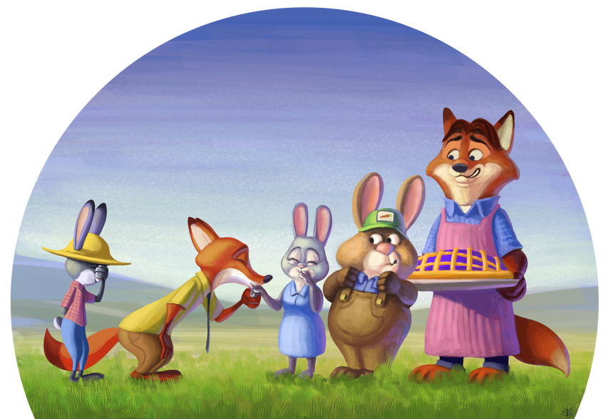 2016 anthro barefoot bonnie_hopps brown_fur canine clothed clothing cute daughter dipstick_tail disney eyes_closed facepalm family father food fox fur gideon_grey gloves_(marking) grass grey_fur group happy hat judy_hopps lagomorph long_ears male mammal markings mother multicolored_tail nick_wilde nik159 outside parent pie predator/prey rabbit smile stu_hopps sun_hat sunhat zootopia