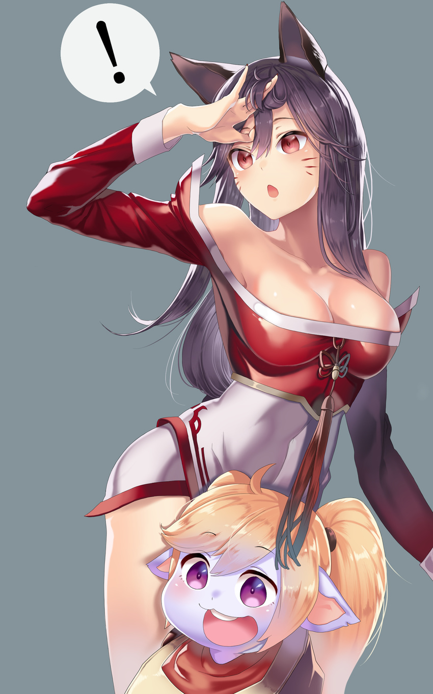 2girls absurdres ahri animal_ears black_hair blonde_hair breasts chestnut_mouth cleavage detached_sleeves facial_mark fox_ears fox_tail highres korean_clothes large_breasts league_of_legends long_hair multiple_girls multiple_tails poppy spoken_exclamation_mark tail torano whisker_markings yellow_eyes