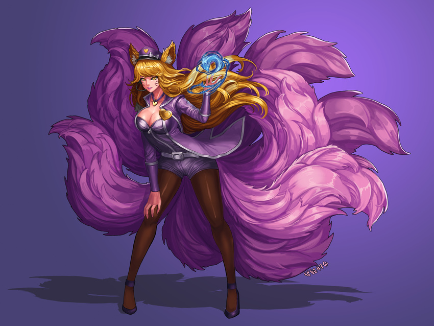 absurdres ahri alternate_costume alternate_hair_color animal_ears bangs belt black_legwear blonde_hair breasts cleavage commentary drogod facial_mark fingernails floating_hair fox_ears fox_tail hands_up hat heart heart_necklace highres idol jacket kneeling large_breasts league_of_legends legs_apart legwear_under_shorts lights long_hair looking_at_viewer multiple_tails open_clothes open_jacket pantyhose pantyhose_under_shorts peaked_cap popstar_ahri pose shadow sharp_fingernails short_shorts shorts signature smile solo stage_lights star tail very_long_hair whisker_markings yellow_eyes zipper