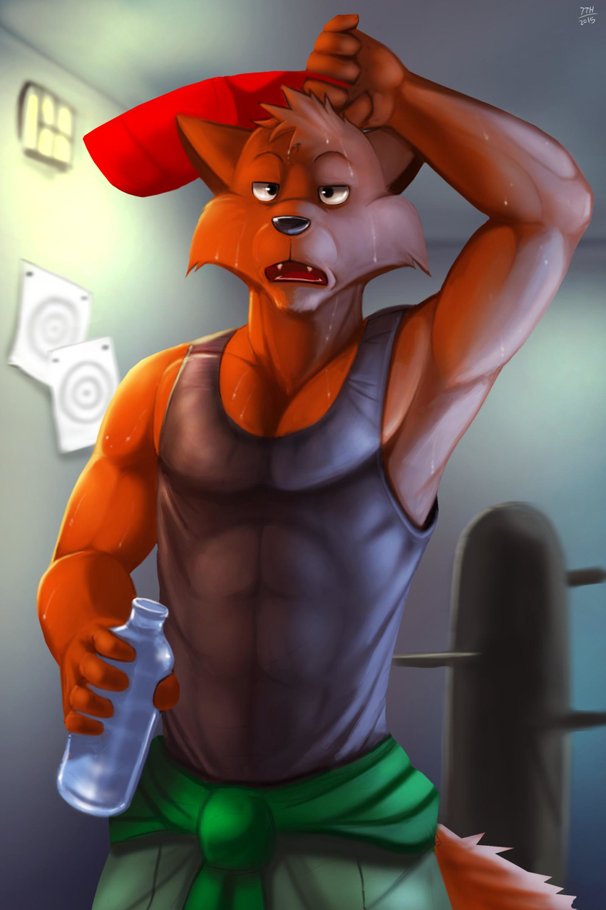 2015 7theaven abs absurd_res anthro armpits biceps black_nose blank_stare bottle cat clothed clothing detailed_background exhausted fangs feline front_view fully_clothed fur hat hi_res inside jake_clawson male mammal muscular open_mouth orange_fur pants pecs raised_arm shirt signature solo standing swat_kats sweat tank_top teeth tired water_bottle