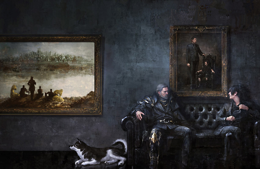age_progression beard black_hair cape chocobo couch dog facial_hair father_and_son final_fantasy final_fantasy_xv formal grey_hair matsuzawa_yuuki multiple_boys noctis_lucis_caelum official_art painting painting_(object) picture_frame regis_lucis_caelum square_enix suit umbra_(ff15)