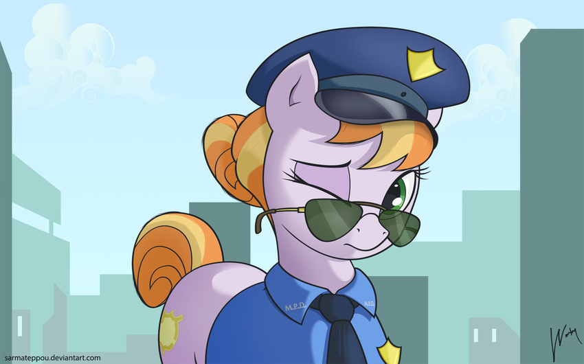 2016 clothed clothing copper_top_(mlp) cutie_mark earth_pony equine eyewear female feral friendship_is_magic green_eyes hair hat horse looking_at_viewer mammal multicolored_hair my_little_pony one_eye_closed outside police_uniform pony sarmateppou sky solo sunglasses two_tone_hair uniform