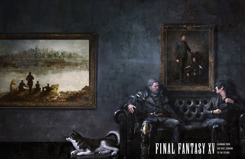 2boys chocobo couch father_and_son final_fantasy final_fantasy_xv magazine_cover multiple_boys noctis_lucis_caelum official_art painting regis_lucis_caelum square_enix