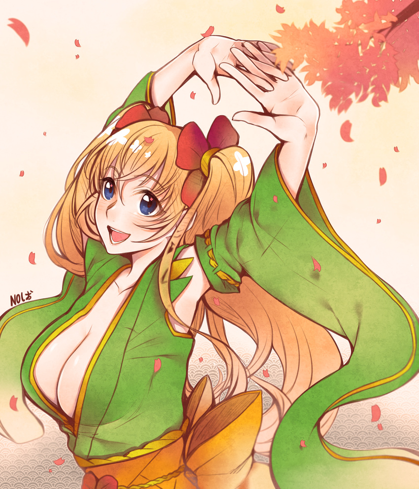 :d absurdres arms_up artist_name beige_background blonde_hair blue_eyes borrowed_character bow branch breasts cherry_blossoms cleavage collarbone detached_sleeves eyebrows eyebrows_visible_through_hair flower hair_flower hair_ornament highres huge_filesize japanese_clothes kimono large_breasts long_hair long_sleeves looking_afar no-shio obi open_mouth original sash simple_background smile solo stretch tareme tree_branch twintails upper_body wide_sleeves yellow_bow