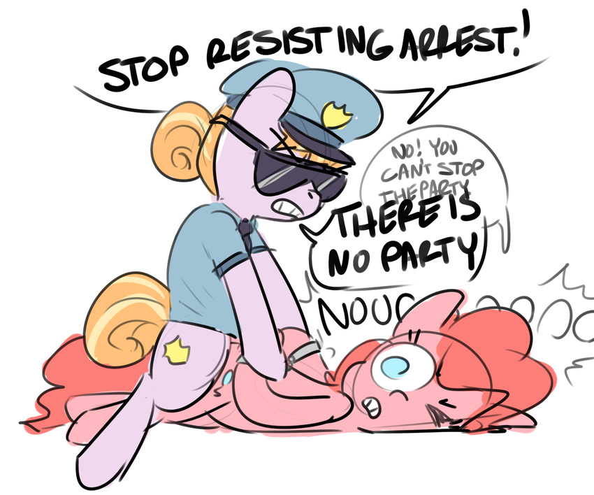 ! 2016 arrest clothing copper_top_(mlp) cutie_mark dialogue duo earth_pony english_text equine eyewear female feral friendship_is_magic hair handcuffs horse mammal my_little_pony nobbydraws pink_hair pinkie_pie_(mlp) police_uniform pony shackles simple_background sunglasses text uniform white_background