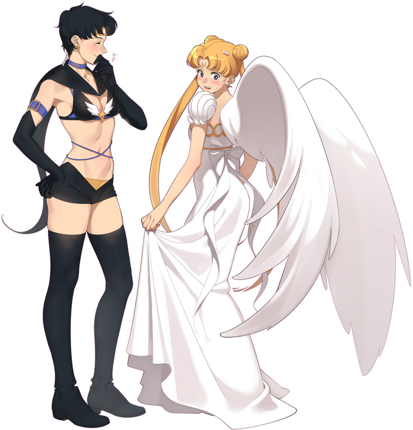 2girls absurdres aconitea angel_wings beads bikini_top bishoujo_senshi_sailor_moon bishoujo_senshi_sailor_moon_sailor_stars black_gloves black_hair blonde_hair blue_eyes blush boots bow breasts cleavage double_bun dress earrings elbow_gloves embarrassed eyes_closed gloves groin hair_beads hair_ornament hair_tubes hand_on_hip highres jewelry multiple_girls navel ponytail princess_serenity sailor_star_fighter seiya_kou short_shorts shorts skirt_hold sweatdrop thigh_boots thighhighs tsukino_usagi twintails white_background white_bow white_dress white_wings wings