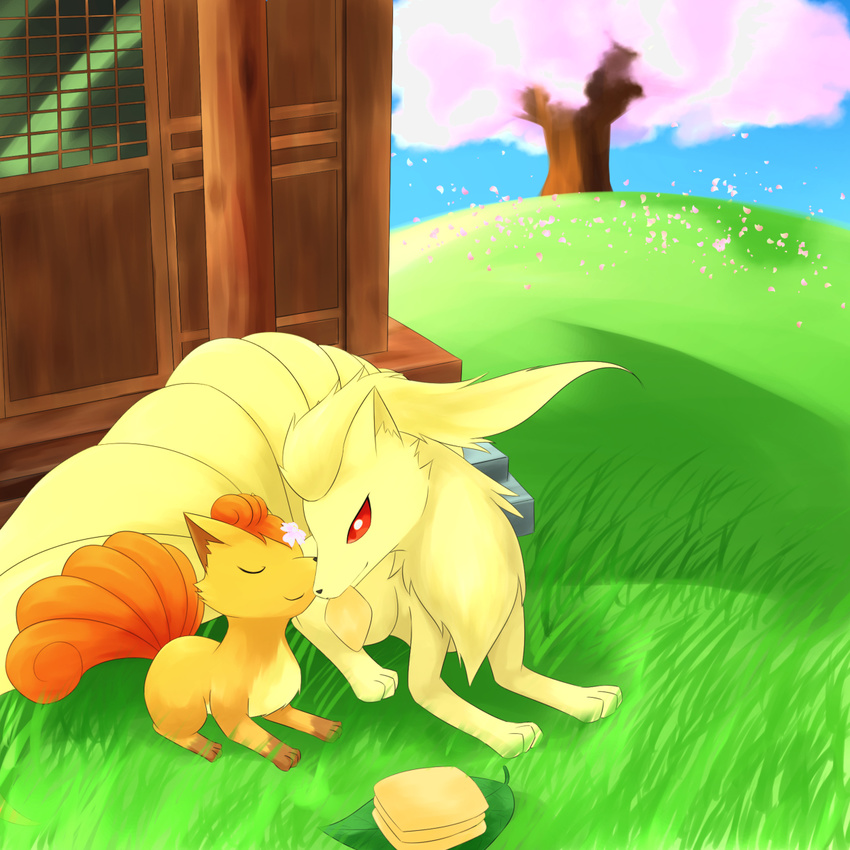 ambiguous_gender blonde_hair brown_fur brown_hair eyes_closed flower food fur grass hair leaf multi_tail ninetales nintendo nuzzling plant pok&eacute;mon red_eyes shrine sitting sky tree video_games vulpix yellow_fur ぎざぎざぎざ