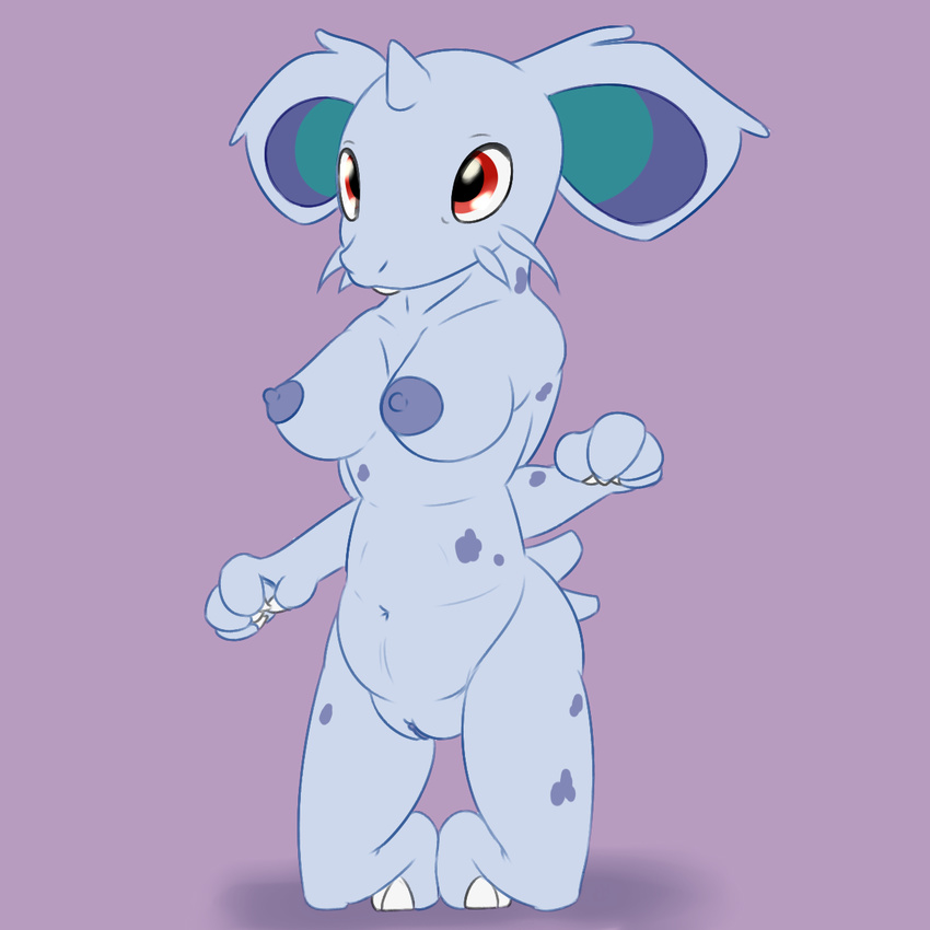 &lt;3 anthro areola blue_skin breasts claws erect_nipples female horn kneeling looking_at_viewer mammal navel nidoran nidoran♀ nintendo nipples nude pok&eacute;mon posexe pussy red_eyes rodent simple_background solo teeth toe_claws video_games white_sclera