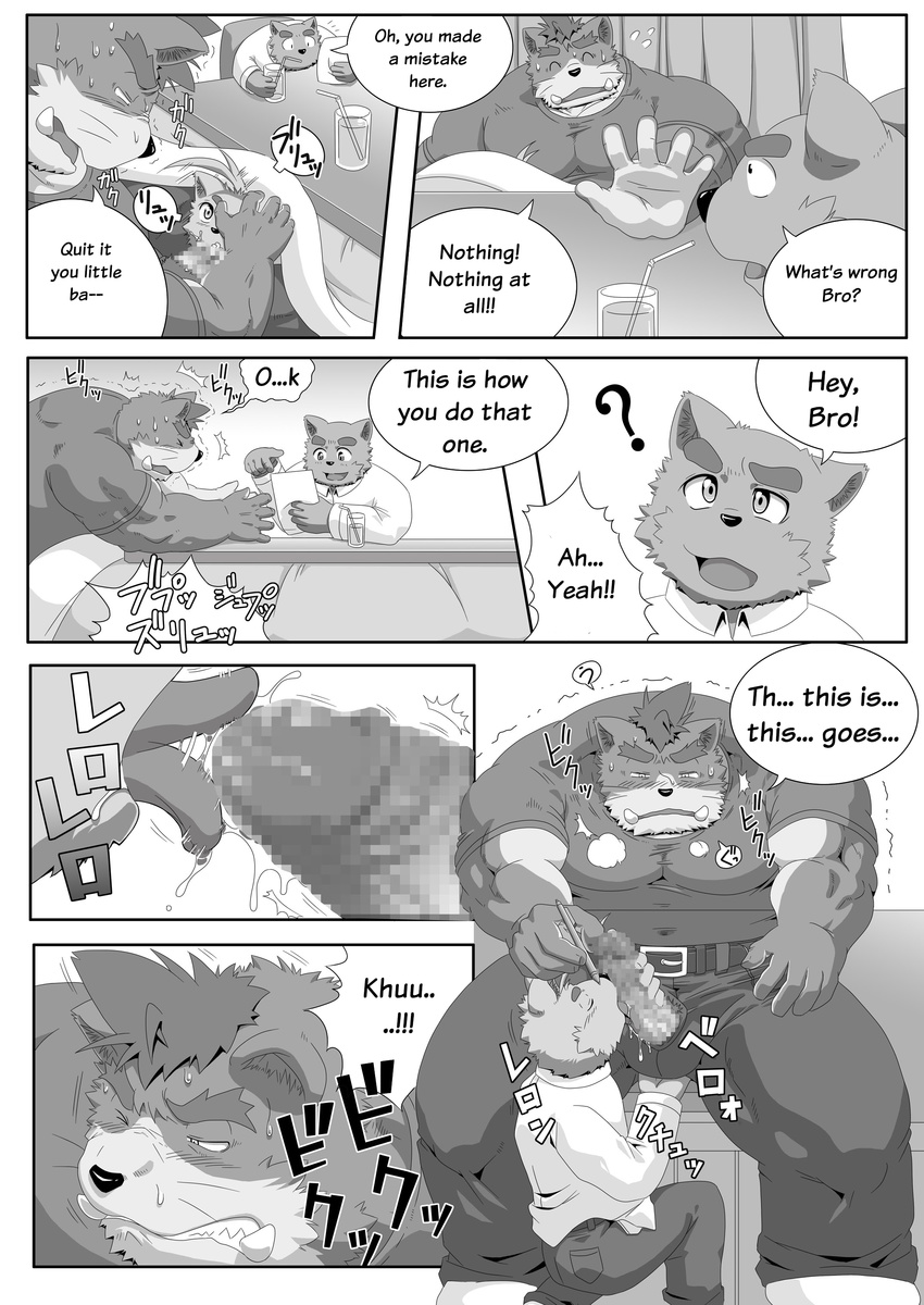balls big_balls big_muscles big_penis blush comic feline gammachaos grope male male/male mammal muscular oral penis size_difference small_dom_big_sub tiger