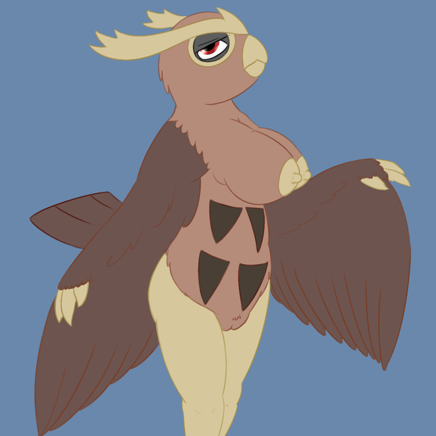 anthro areola avian beak big_breasts bird breasts brown_fur erect_nipples feathered_wings feathers female fur half-closed_eyes looking_at_viewer nintendo nipples noctowl nude owl pok&eacute;mon posexe presenting pussy red_eyes side_boob simple_background solo standing video_games white_sclera wings