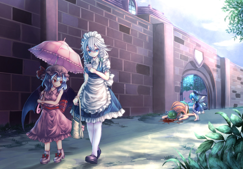 adapted_costume apron bad_id bad_pixiv_id bag bat_wings beret black_footwear blood blood_writing blue_dress blue_eyes blue_hair boots bow braid breast_padding breasts brick_wall bush cirno day dress expressionless frilled_dress frills gate green_skirt hair_bow hat hat_bow holding holding_umbrella hong_meiling ice ice_wings izayoi_sakuya knife knife_in_head legs list long_hair long_skirt looking_at_another looking_down maid maid_apron maid_headdress maru_daizu_(aqua6233) mob_cap multiple_girls parasol path pink_footwear red_eyes red_hair remilia_scarlet road scarlet_devil_mansion shirt shoe_bow shoes shopping_bag short_dress short_hair short_sleeves side_slit silver_hair skirt sleeveless sleeveless_dress small_breasts sunlight sweatdrop thighs top-down_bottom-up touhou transparent_wings tree twin_braids umbrella very_long_hair walking white_legwear white_shirt wings