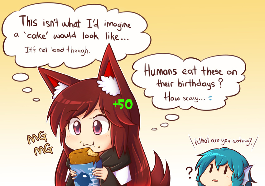 :3 :t ? animal_ear_fluff animal_ears blue_hair brown_hair commentary damage_numbers dress eating english gameplay_mechanics head_fins imaizumi_kagerou long_hair md5_mismatch mg_mg multiple_girls red_eyes simple_background tail team_fortress_2 thought_bubble touhou upper_body very_long_hair wakasagihime wolf_ears wolf_tail wool_(miwol) |_|