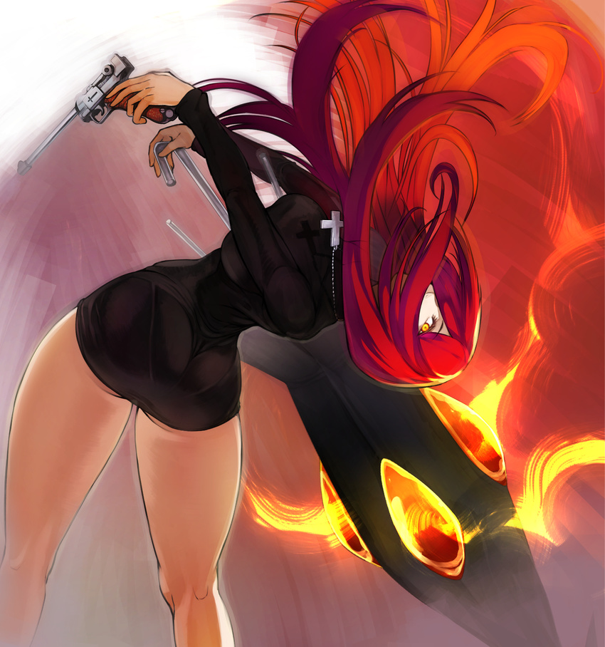 ass black_dress breasts covered_mouth cross cross_necklace dress dual_wielding eyelashes fire gun hair_over_one_eye highres holding holding_gun holding_weapon jewelry large_breasts leaning_back long_hair long_sleeves looking_at_viewer necklace nishiide_kengorou one_eye_covered parasoul_(skullgirls) red_hair shadow short_dress skullgirls solo standing weapon yellow_eyes