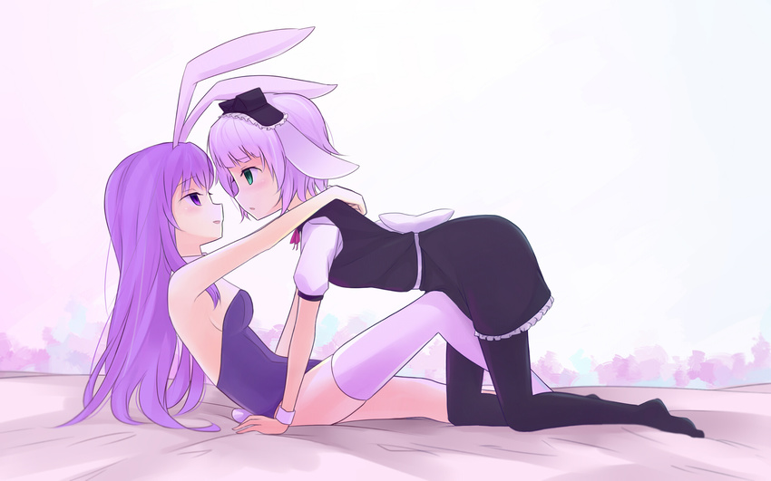 animal_ears black_legwear bunny_ears bunny_girl bunny_tail bunnysuit cyan_aeolin detached_collar erina_(rabi-ribi) eye_contact face-to-face girl_on_top green_eyes highres irisu_(rabi_ribi) long_hair looking_at_another maid_headdress multiple_girls on_bed pantyhose purple_eyes purple_hair rabi-ribi short_hair silver_hair simple_background single_thighhigh smile tail thighhighs wrist_cuffs yuri