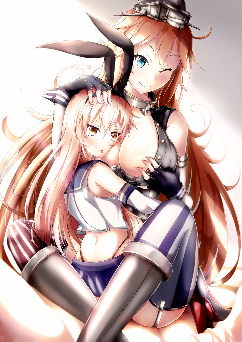:&lt; absurdres blonde_hair blue_eyes breast_smother breasts brown_eyes chestnut_mouth cleavage elbow_gloves fingerless_gloves garter_straps gloves hairband highleg highleg_panties highres hug indian_style iowa_(kantai_collection) kantai_collection large_breasts long_hair miniskirt multiple_girls nakatokung panties sailor_collar shimakaze_(kantai_collection) sitting skirt thighhighs underwear
