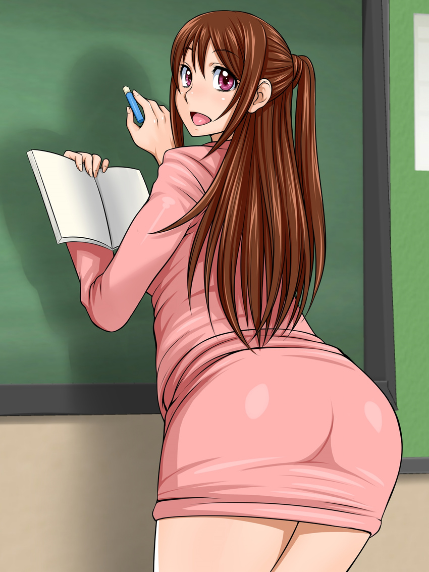 1girl ass blush book brown_hair business_suit chalk chalkboard eyebrows eyebrows_visible_through_hair from_behind holding indoors legs long_hair long_sleeves looking_back open_mouth oreteki18kin original pink_eyes pink_skirt shiny shiny_clothes skirt solo standing suit thighs writing