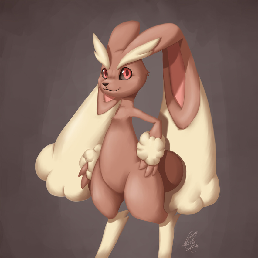 2016 ambiguous_gender biped black_eyes black_sclera brown_background brown_fur cream_fur english_text feral fur lagomorph looking_at_viewer lopunny mammal nintendo nude pok&eacute;mon red_eyes shikaro signature simple_background smile solo text video_games wide_hips