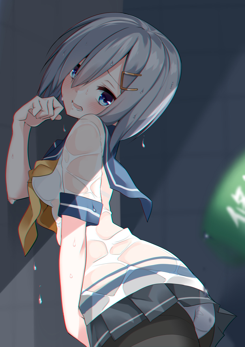 absurdres black_legwear blue_eyes blush chromatic_aberration hair_between_eyes hair_ornament hair_over_one_eye hairclip hamakaze_(kantai_collection) highres kantai_collection looking_at_viewer nebusoku neckerchief open_mouth panties panties_under_pantyhose pantyhose pantyshot pleated_skirt school_uniform see-through serafuku short_hair short_sleeves silver_hair skirt solo teeth underwear water_drop wet wet_clothes yellow_neckwear