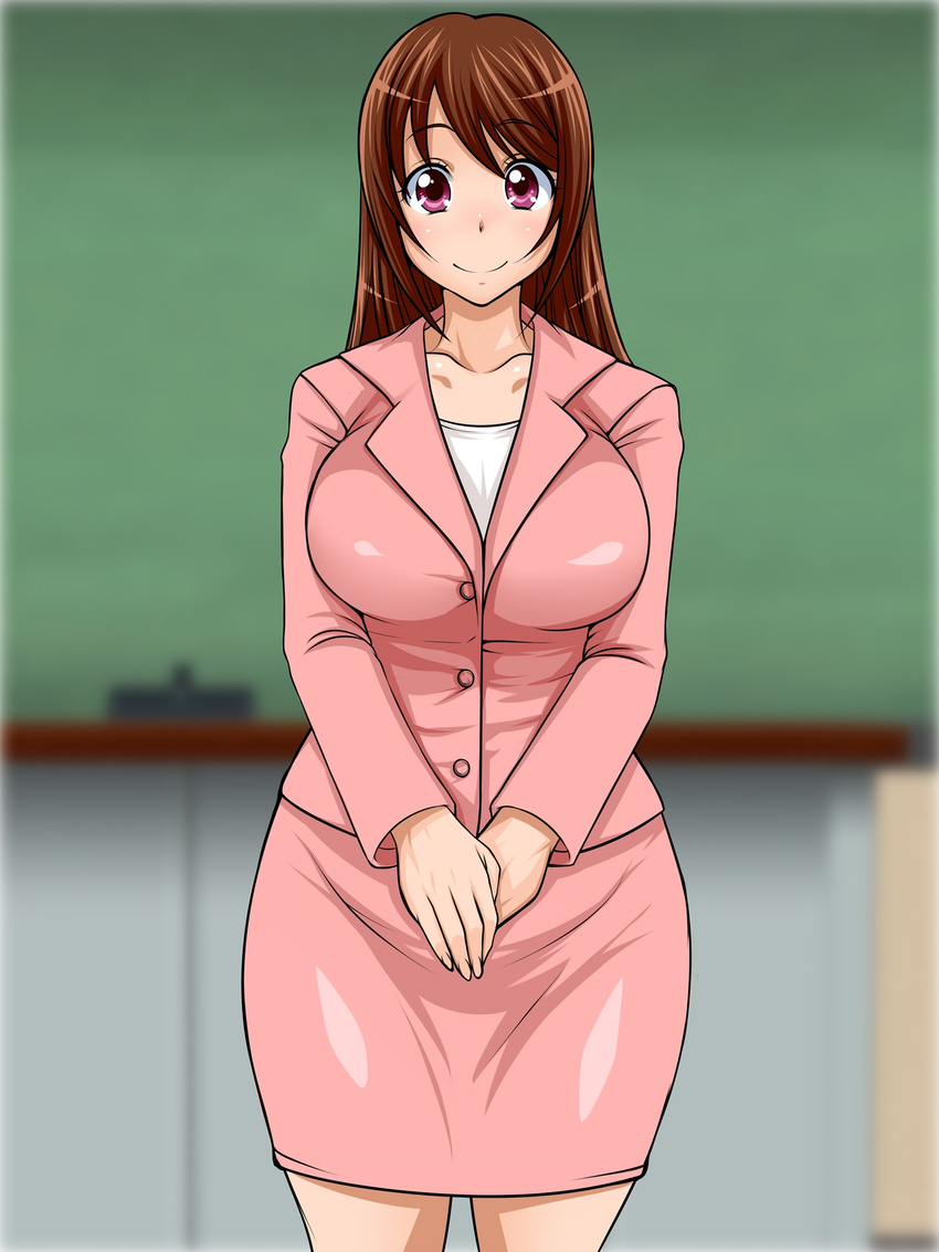 1girl :) blush breasts brown_hair business_suit chalkboard eyebrows eyebrows_visible_through_hair hands_together happy highres huge_breasts indoors legs long_hair long_sleeves looking_at_viewer oreteki18kin original pink_eyes pink_skirt shiny shiny_clothes skirt smile solo suit thighs