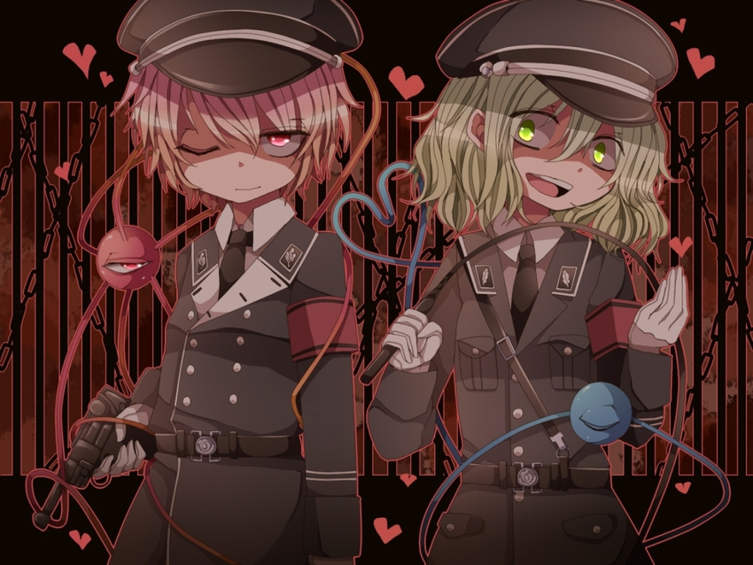 belt chain eyes gloves green_eyes green_hair gun handgun hat heart heart_of_string komeiji_koishi komeiji_satori luger_p08 military military_uniform multiple_girls nazi one_eye_closed peaked_cap pink_eyes pink_hair pistol pote_(aonibi_kairou) riding_crop short_hair siblings sisters third_eye touhou uniform weapon