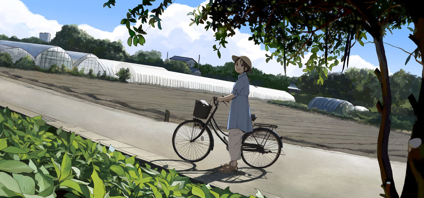 :d basket bicycle bicycle_basket blue_dress blue_sky brown_eyes brown_hair building cargo_pants cloud day dirt dress from_side greenhouse ground_vehicle hat highres looking_at_viewer looking_to_the_side morifumi open_mouth original outdoors pants plant road sandals scenery shadow short_hair sky smile solo standing sun_hat sunlight tree