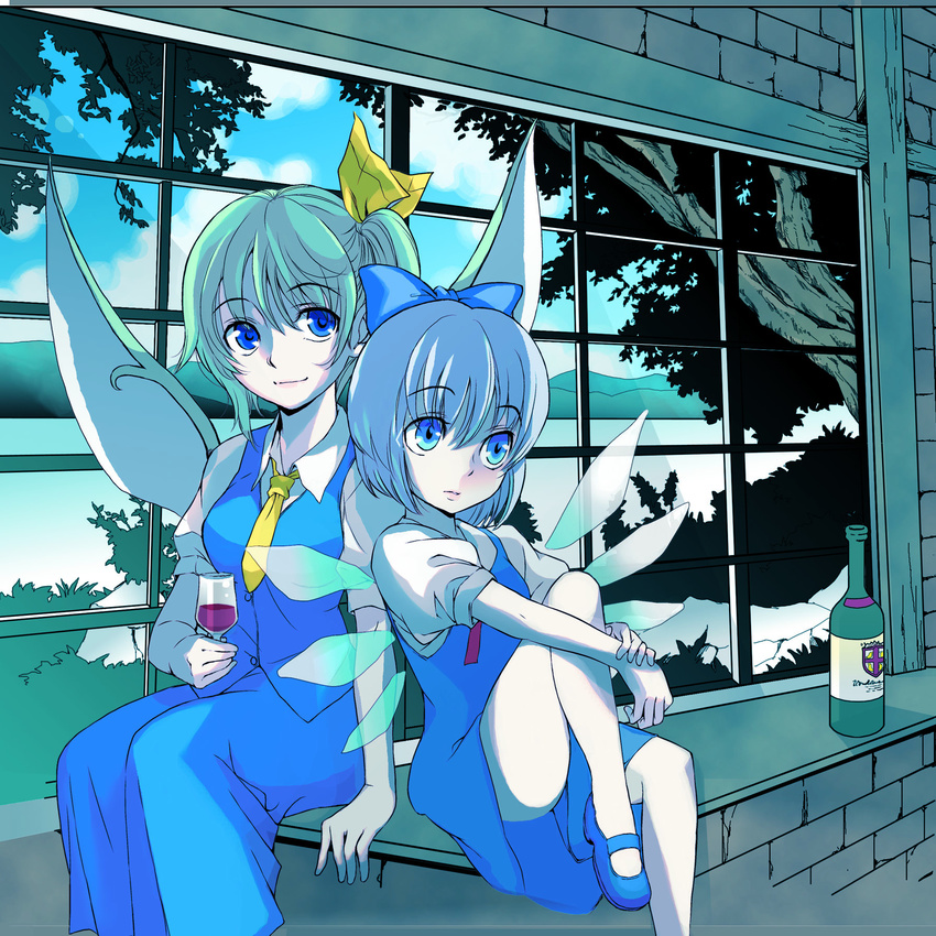 blue_eyes blue_hair bow breasts cirno cup daiyousei drinking_glass green_hair hair_bow highres kuronekokan_monpetit mary_janes medium_breasts multiple_girls shoes short_hair side_ponytail touhou wine_glass wings