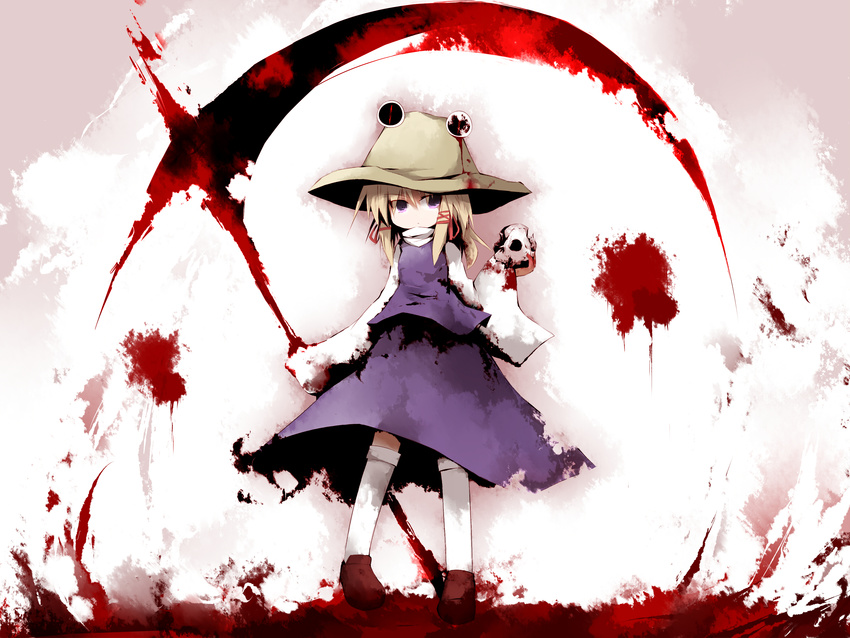 bad_id bad_pixiv_id blonde_hair blood hat highres moriya_suwako poppuru purple_eyes scythe skull solo touhou weapon