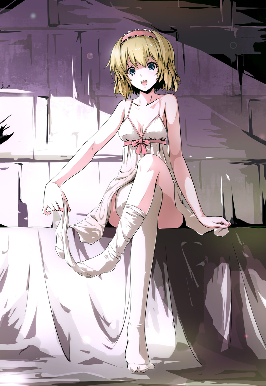 absurdres alice_margatroid arm_support bad_id bad_pixiv_id blonde_hair blue_eyes breasts chemise cleavage collarbone crossed_legs feet hairband highres legs lingerie loose_thighhigh medium_breasts open_mouth sam_ashton short_hair sitting solo thighhighs thighhighs_pull touhou underwear undressing white_legwear