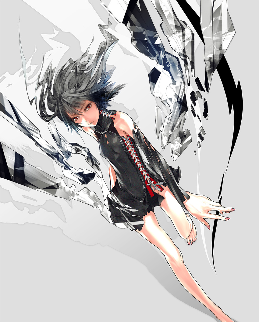 bare_shoulders barefoot black_hair dutch_angle highres original red_eyes redjuice revision solo