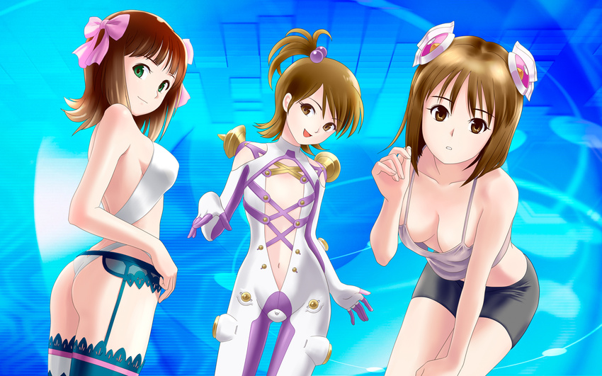 amami_haruka ar_tonelico ar_tonelico_iii ass bike_shorts blue_legwear bodysuit bow breasts brown_eyes brown_hair cleavage cosplay downblouse finnel finnel_(cosplay) flat_chest flipped_hair futami_ami garter_belt green_eyes hagiwara_yukiho hair_bobbles hair_bow hair_ornament hair_ribbon highres idolmaster idolmaster_(classic) lace lace-trimmed_thighhighs leaning_forward light_smile lingerie medium_breasts multiple_girls navel open_mouth ponnetsu ribbon saki_(ar_tonelico) saki_(ar_tonelico)_(cosplay) short_hair shorts side_ponytail skin_tight thighhighs tilia tilia_(cosplay) underwear wallpaper white_legwear