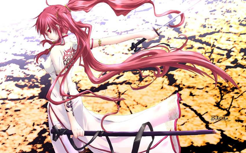 chinese_dress long_hair original red_eyes redhead sword thigh-highs twintails