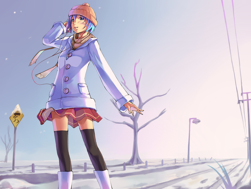 blue_eyes blue_hair boots coat foge footprints hand_on_own_head hat headphones highres lamppost original perspective power_lines road road_sign scarf short_hair sign skirt snow snowing solo street thighhighs tree vanishing_point winter winter_clothes zettai_ryouiki