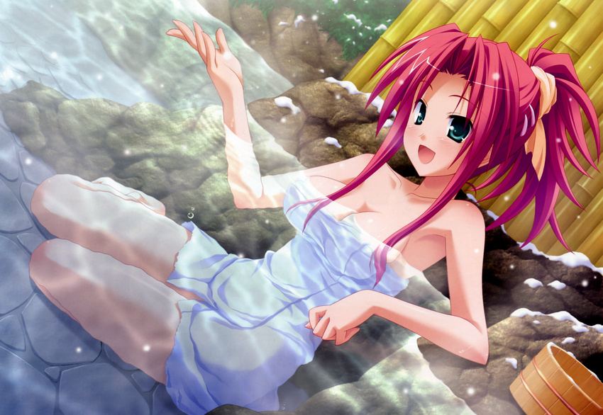:d arm_support barefoot blush breasts bucket cleavage dutch_angle green_eyes hair_intakes hair_ornament hairclip hand_up highres hinata_mutsuki impossible_towel large_breasts naked_towel onsen open_mouth partially_submerged pia_carrot_(series) pia_carrot_e_youkoso!!_g.p. ponytail red_hair satou_hina scan sidelocks sitting smile snow snowing solo towel wallpaper water wooden_bucket yokozuwari