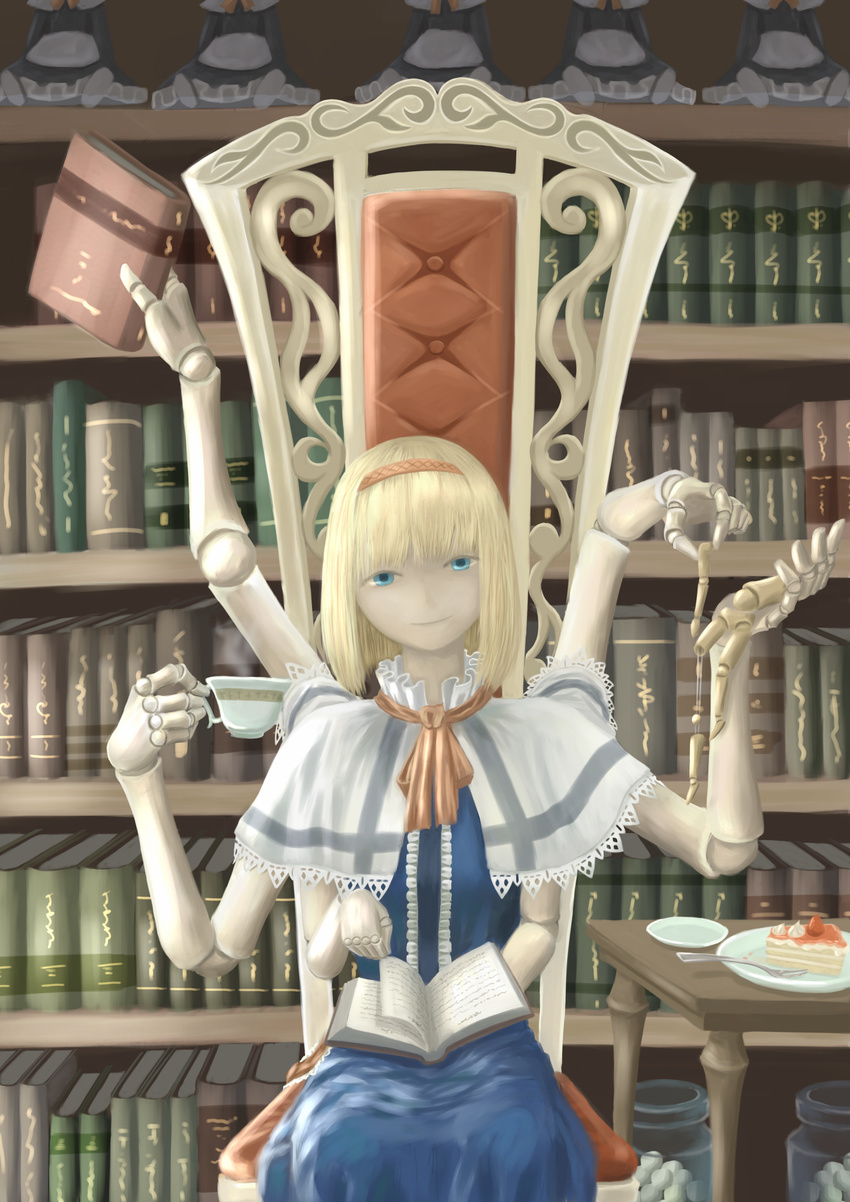 absurdres alice_margatroid blonde_hair blue_dress blue_eyes book bookshelf cake capelet chair commentary deraken doll doll_joints dress food fork hairband head_tilt highres holding holding_book jar looking_at_viewer multiple_arms multitasking open_book plate ribbon saucer shanghai_doll short_hair solo steam table tea touhou