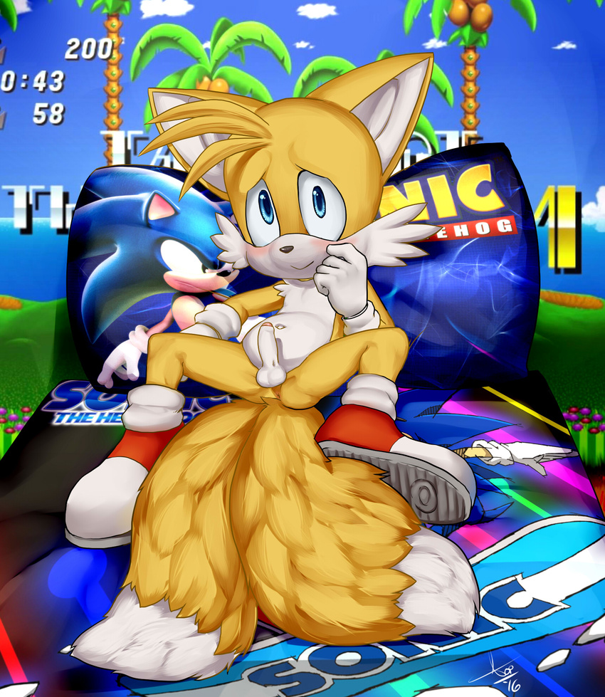 2_tails anthro anus aogami balls bed big_ears blush butt canine clothing cute english_text erection footwear fox fur hedgehog looking_at_viewer male mammal miles_prower multi_tail navel nude penis presenting presenting_hindquarters quills shoes sitting smile solo sonic_(series) sonic_the_hedgehog spread_legs spreading text uncut video_games