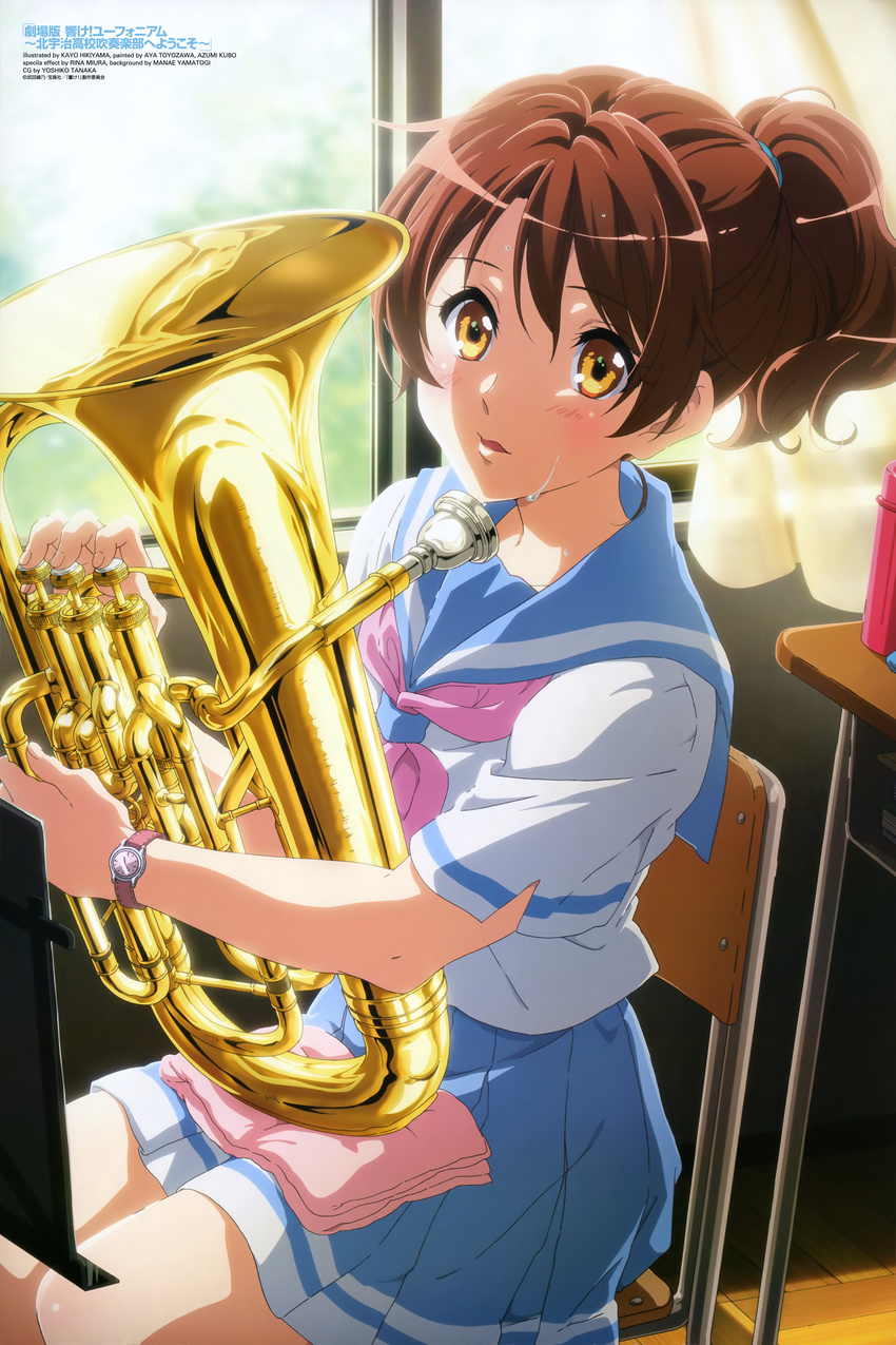 :o absurdres bangs blue_skirt blurry blush brown_hair chair classroom cloth cowboy_shot curtains day depth_of_field desk euphonium from_side gekijouban_hibike!_euphonium hair_between_eyes hair_tie hibike!_euphonium high_ponytail highres hikiyama_kayo holding indoors instrument looking_at_viewer music_stand neckerchief official_art open_mouth orange_eyes oumae_kumiko parted_bangs pink_neckwear pleated_skirt ponytail scan school_desk school_uniform serafuku shiny shirt short_hair short_ponytail short_sleeves side_slit sitting skirt solo sweat transparent watch white_shirt window wooden_floor wristwatch