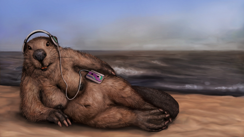 80s beach beaver female headphones mammal nude rodent seaside splice_(artist) webbed_feet