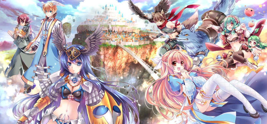 3boys 4girls :d :o ;d above_clouds alchemist_(ragnarok_online) animal animal_ears aqua_eyes arm_ribbon armor ass bangs bare_shoulders belt_pouch bikini_armor bird black_footwear black_gloves blonde_hair blue_eyes blue_hair blue_robe blue_sky book boots braid breasts bridge brown_bikini_top brown_eyes brown_gloves brown_hair brown_legwear brown_skirt castle character_request city cleavage closed_mouth cloud cloudy_sky commentary_request crop_top crown_braid day defensive_wall dress eagle expressionless eyebrows_visible_through_hair fangs faulds fingerless_gloves flask floating_hair floating_island frilled_bikini_top fur-trimmed_sleeves fur_trim gauntlets glasses gloves green_hair green_pants green_shirt grey_robe hair_ribbon hand_on_eyewear hand_up hands_up head_wings headdress headgear highres holding holding_book holding_shield interlocked_fingers jacket juliet_sleeves knee_boots knees_up landscape large_breasts leg_belt legs_up long_dress long_hair long_sleeves looking_at_viewer midriff miniskirt multiple_boys multiple_girls muscle navel one_eye_closed open_book open_clothes open_jacket open_mouth outdoors pants pelvic_curtain pointy_ears poring pouch profile puffy_sleeves purple_eyes ragnarok_online red_eyes red_hair red_jacket red_ribbon red_scarf ribbed_shirt ribbon robe saddle saddlebags sakurano_tsuyu scarf shield shirt shoes short_hair shoulder_armor sidelocks skirt sky sleeveless sleeveless_shirt smile star star-shaped_pupils stomach symbol-shaped_pupils tail test_tube thighhighs very_long_hair wall white_footwear white_legwear white_pants white_ribbon wide_sleeves wolf wolf_ears wolf_tail