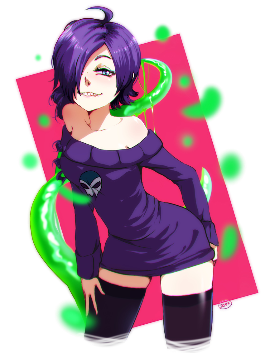 ahoge artist_name bare_shoulders biting black_legwear blue_eyes cropped_legs dress dress_tug hair_over_one_eye hand_on_thigh highres jcm2 leaning_forward lemmy_(zone) lip_biting looking_at_viewer original purple_hair signature solo sweater sweater_dress tentacles thighhighs zettai_ryouiki zone-tan