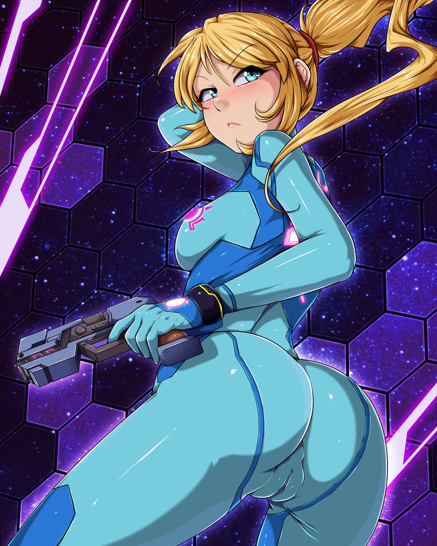 absurdres animeflux ass blonde_hair blue_eyes bodysuit cameltoe from_behind gun handgun highres looking_back metroid pistol ponytail pussy samus_aran shiny shiny_clothes skin_tight solo weapon zero_suit