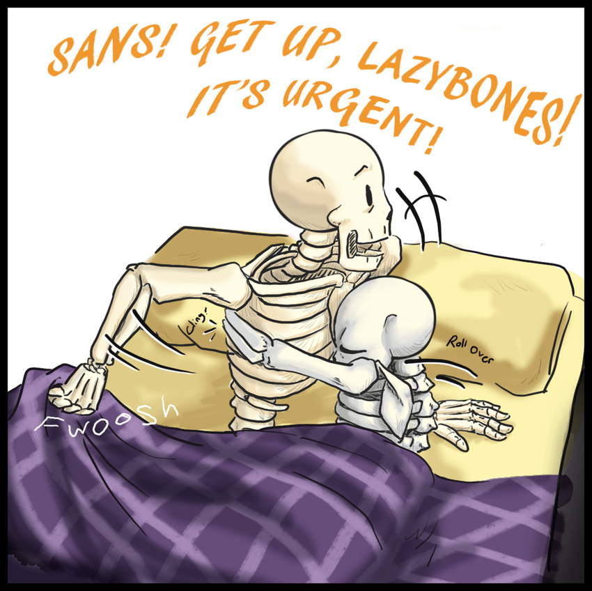 animated_skeleton bed bone dialogue english_text male male/male nude papyrus_(undertale) pillow sans_(undertale) simple_background skeleton text undead undertale unknown_artist video_games waking_up