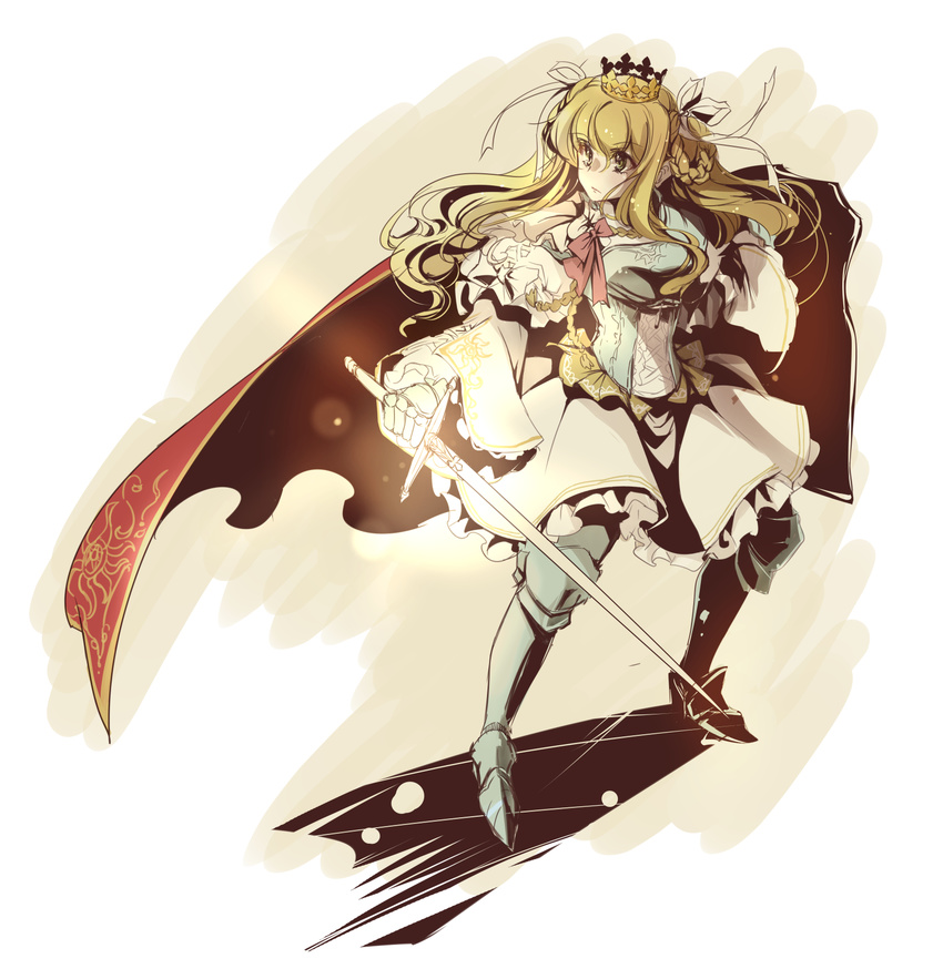 armor armored_boots blonde_hair boots braid cape crown gauntlets green_eyes highres long_hair senkyoushi_gondolf shield solo sword weapon